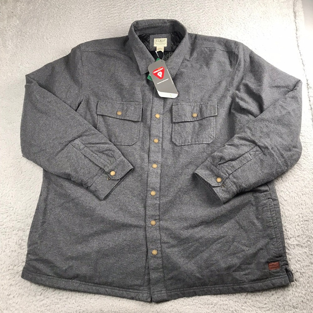 LL Bean PrimaLoft-Lined Chamois Shirt Jacket Mens XXL Tall Gray Heather NWT Flaw
